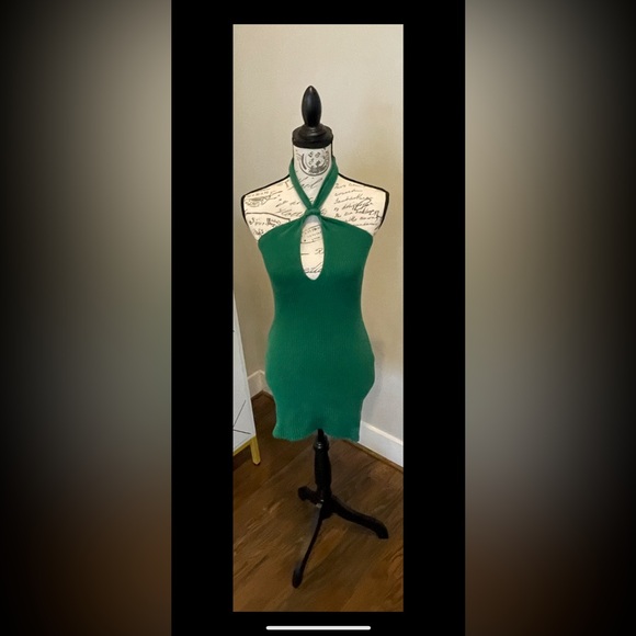 Green Ribbed Knit Crossover Halter Bodycon Mini Dress Women's Small AJ Luxury - Picture 8 of 9